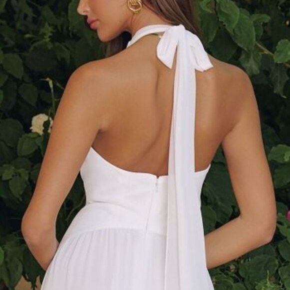 New Off White Sleeveless Bridal Dress w/ Halter Neck & Pleated Waist CD T715W - Picture 8 of 9